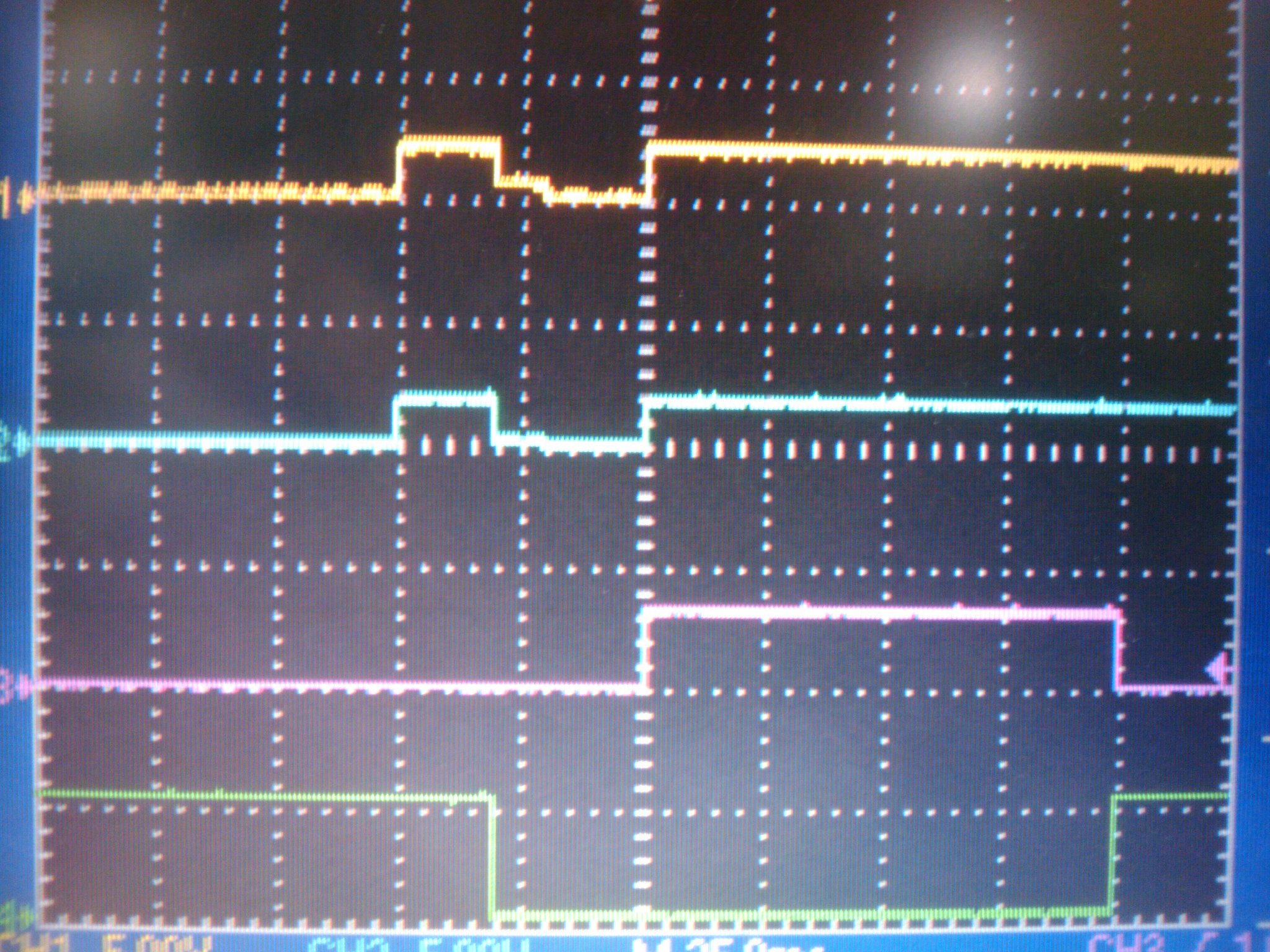An oscilloscope trace showing 4 channels of the sequencer output for a standard experiment.